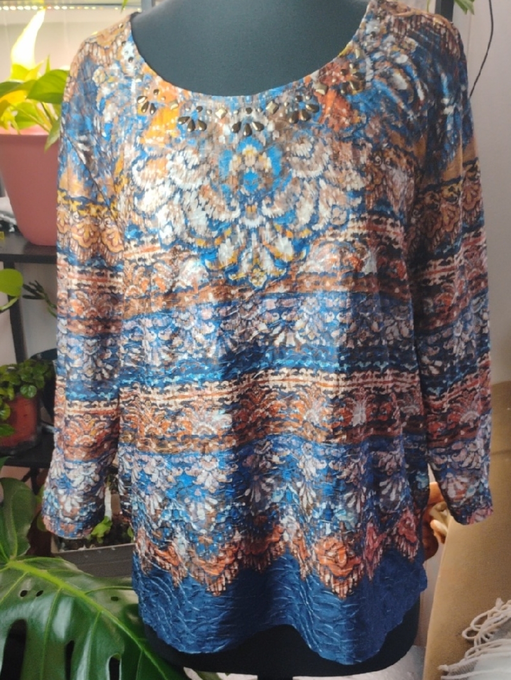 Alfred Dunner Multicolor Blue & Brown Embellished Tunic